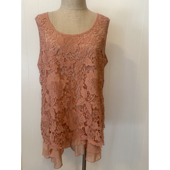 Forgotten Grace Tank Top Womens 2XL Pink Lace Floral Sheer Layered Boho Style - Picture 10 of 12